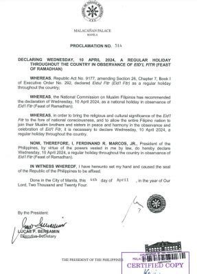 are government offices open tomorrow|Proclamation No. 514: Declaring Wednesday, 10 April 2024, a .